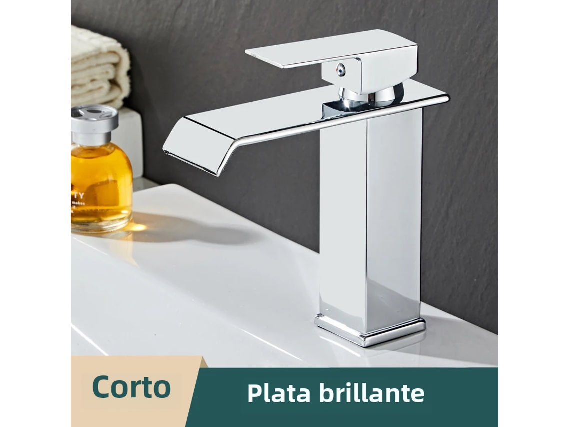 (Modelo B Plata - Corto) Grifo moderno de acero inoxidable con monomando para agua fría y caliente.