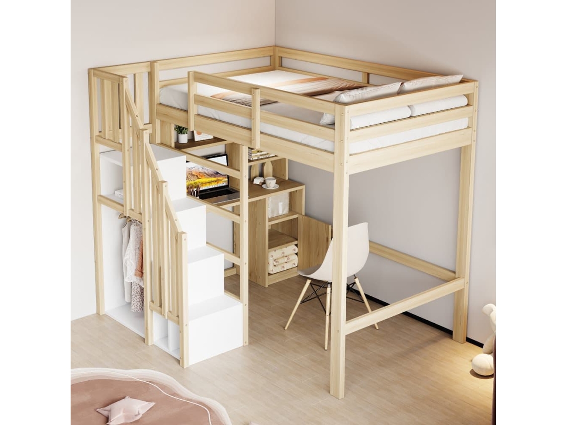 Cama Loft 90x200 Cm - Escritorio Con Estanterías Y Armarios, Escalera De Seguridad Con Almacenamiento - Color Madera