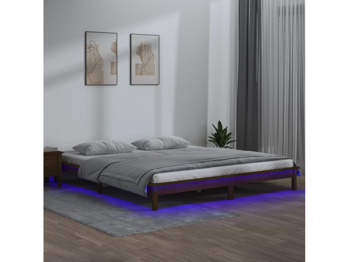 Estructura De Cama Con Led Madera Maciza Marrón Miel 140x190 Cm