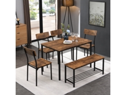Conjunto Mesa Y 4 Sillas 1 Banco - 6 Plazas - Estructura De Acero - Estilo Industrial - Marrón