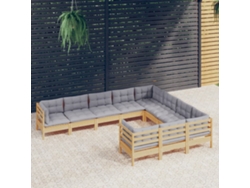 Conjunto 10 Peças Lounge De Jardim C/ Almofadões Cinza Pinho Dkd Home Decor