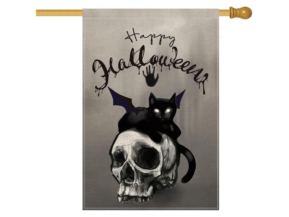 Bandera Vertical De Halloween Doble Cara Con Esqueleto Y Gato Negro Para Exterior Resistente Al Clima