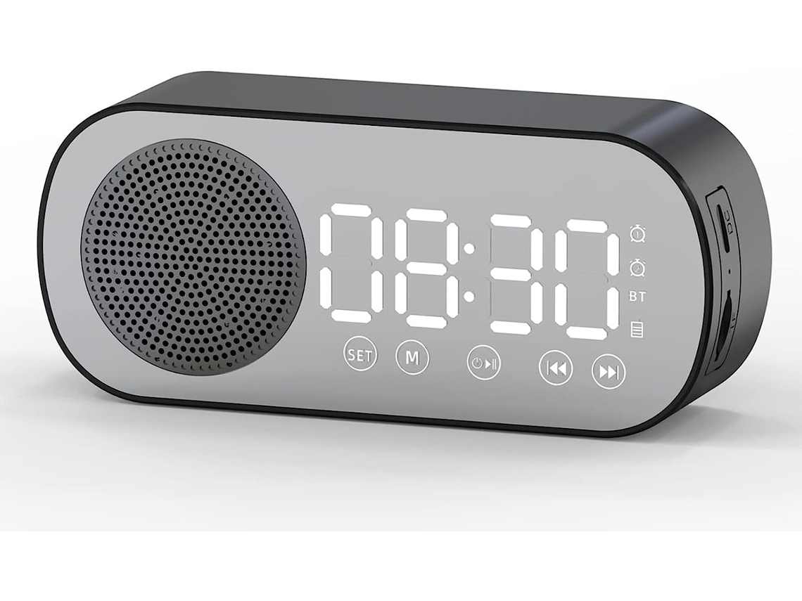 Coluna Dual Alarm Digital Alarm Clock Bluetooth Rechargeable Led Mirror Display And Fm Radio Tf Card Black