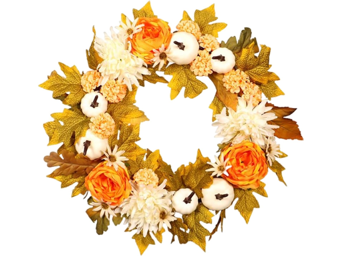 Corona de otoño para puerta principal, 45 cm, decoración de temporada, calabazas blancas, hojas de arce - Cm GOKOCO