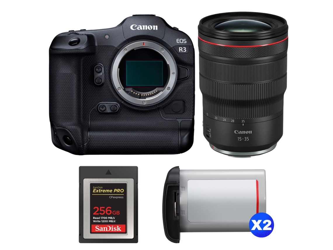 EOS R3 + RF 15 35mm F/2.8 L IS USM + 1 Sandisk 256GB Extreme Pro Cfexpress Tipo B + 2 Canon LP E19 + Libro electrónico Pricedirect CANON