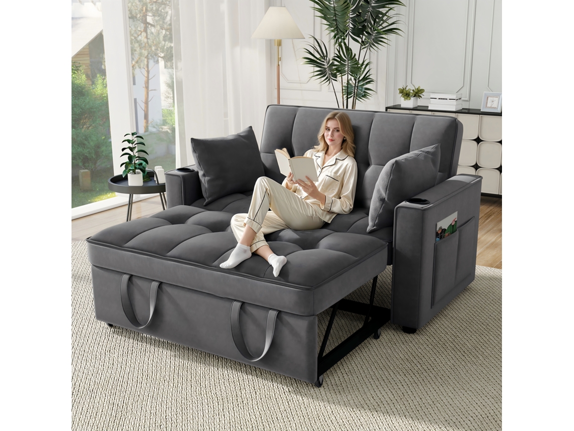 Sofá cama plegable multiángulo ajustable - 2 plazas - Tela de terciopelo - Con portavasos y cojines - Gris