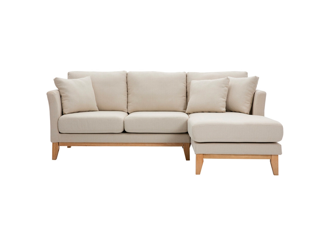 Sofá Chaise Longue a La Derecha Beige Y Madera Clara 4 Plazas Desenfundable Oslo MILIBOO