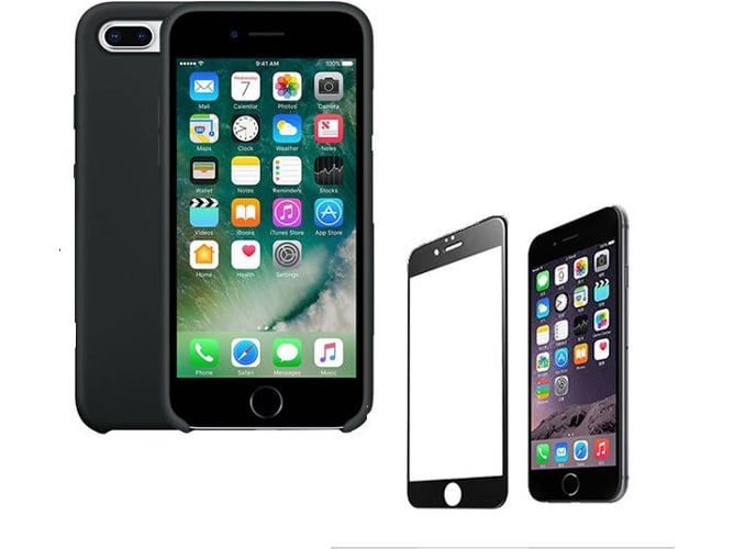 Kit Funda y Protector Cristal 5D iPhone 7 Plus, 8 Plus Silicone Negro