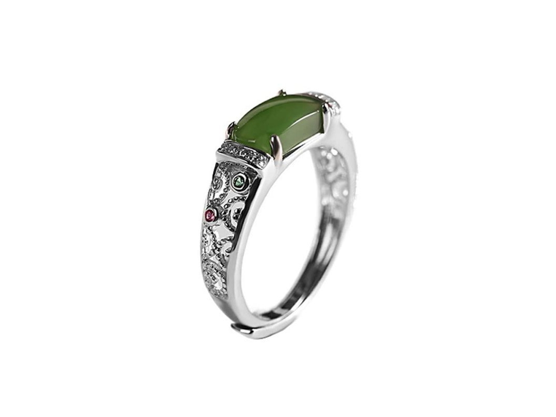 Anillo De Plata 925 Con Jade Hetian Incrustado Ajustable Hollow Elegante