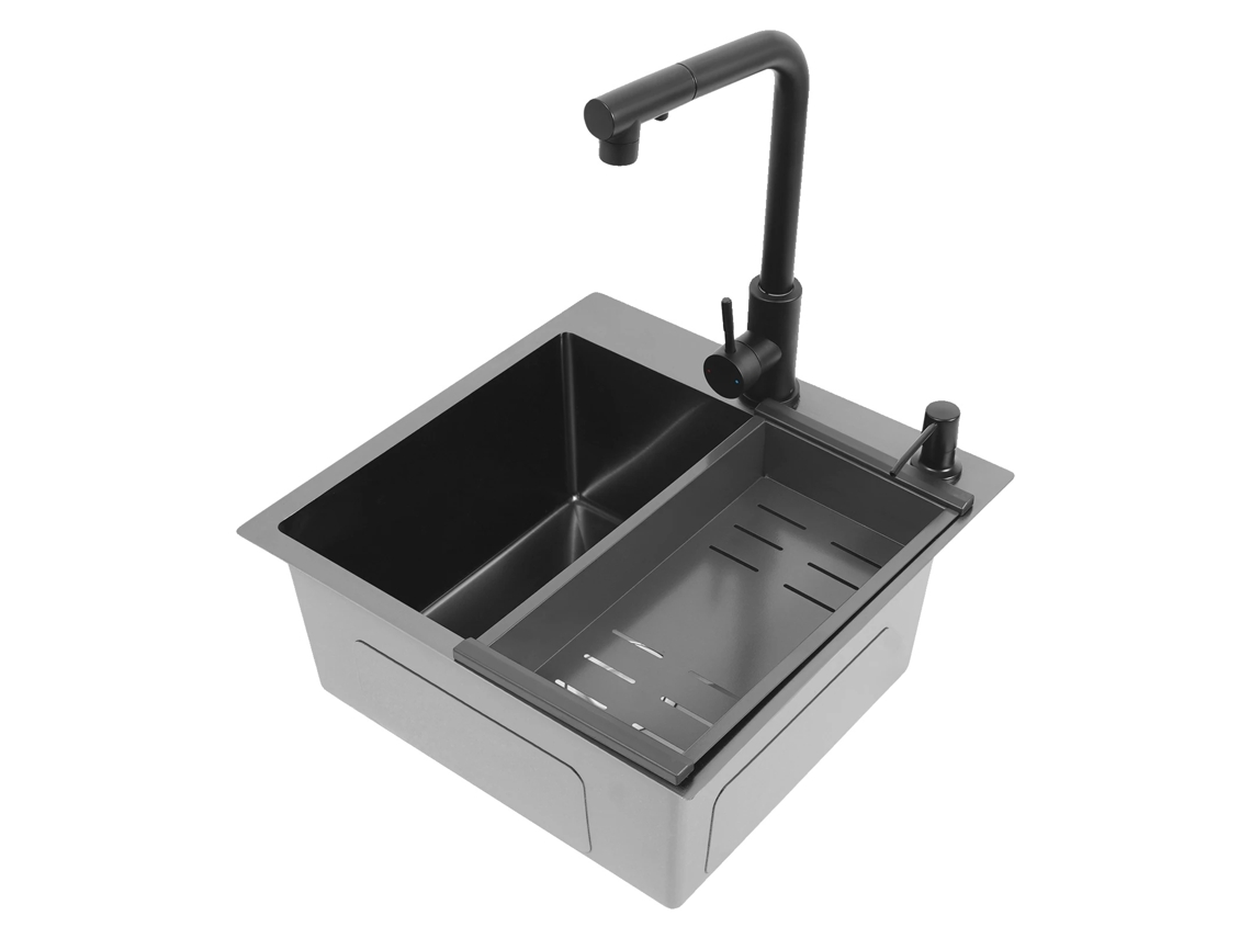 Fregadero de cocina de acero inoxidable con grifo retráctil, color negro, OEM