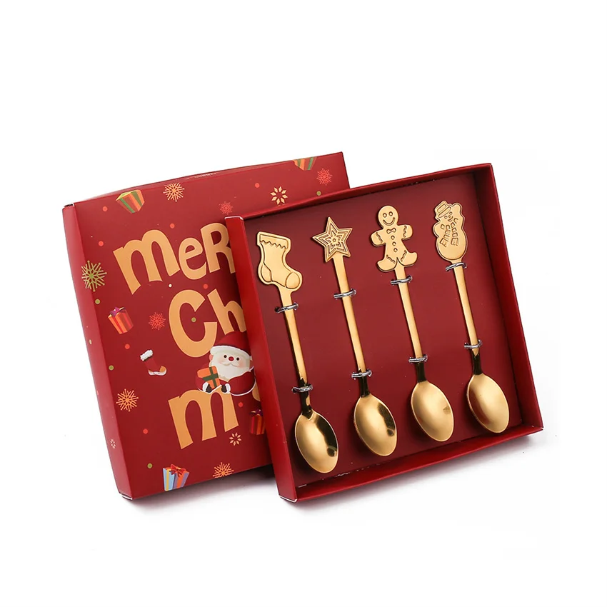 Cuchara navideña dorada de acero inoxidable con caja de regalo, cuchara de postre con forma de hombrecito de jengibre. Mdug
