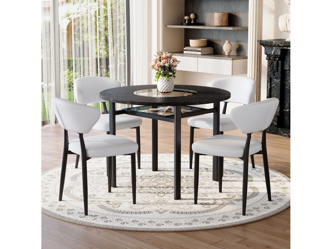 Conjunto De Mesa Redonda Moderna De 100 Cm En Madera Negra, Con 4 Sillas En Pu Blanco Y Respaldo Curvo Confortable, Para Salón