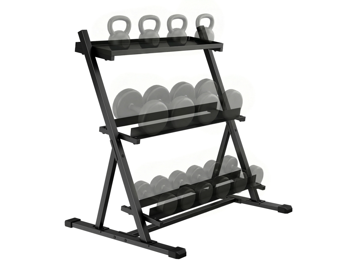 Estante para pesas de acero, 3 niveles, capacidad de 200 kg, 88x66x88 cm, negro
