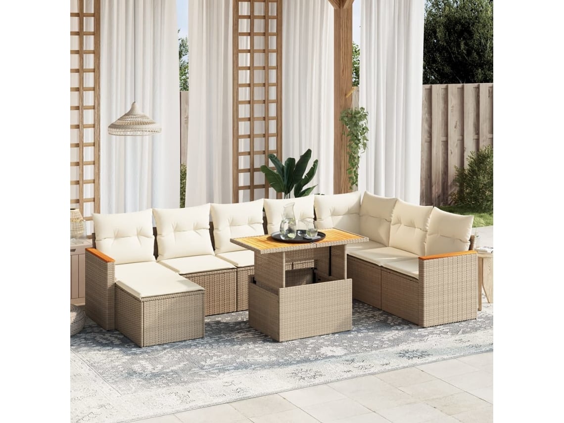 Conjunto de sofá de jardín de 9 piezas con cojines, mimbre sintético beige, Dkd Home Decor