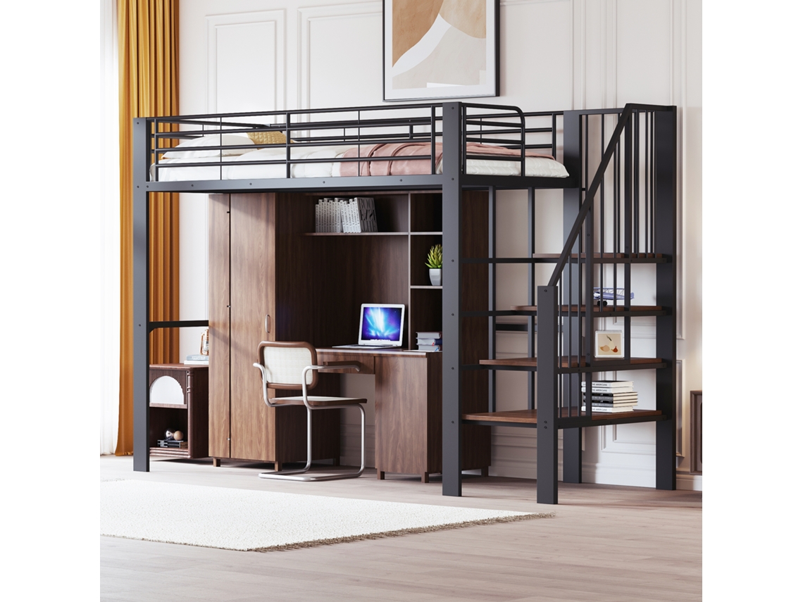Cama alta de 90 x 200 cm. Robusta estructura metálica con amplio espacio de almacenamiento sobre la cama y escalera. Ideal para literas.