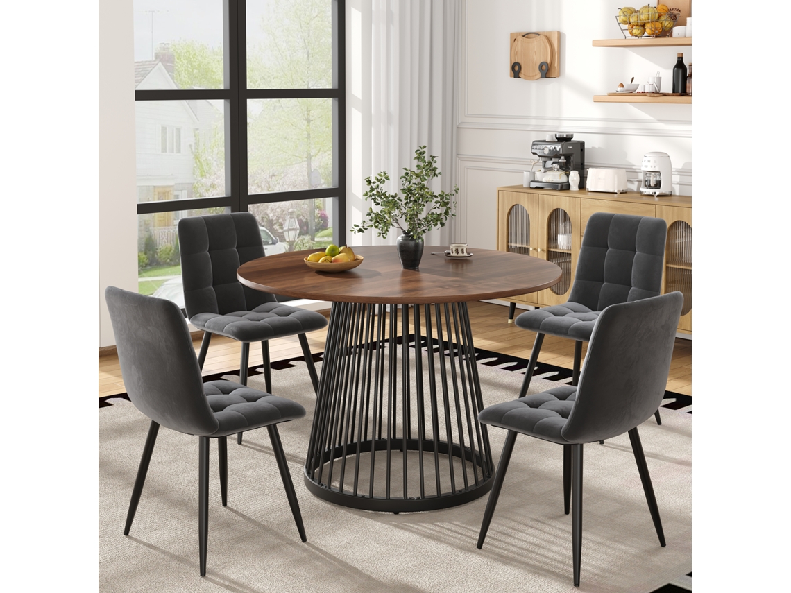 Conjunto De Comedor 5 Piezas, Mesa Redonda De 80 Cm En Mdf Color Nogal Con Patas Negras Y 4 Sillas De Terciopelo