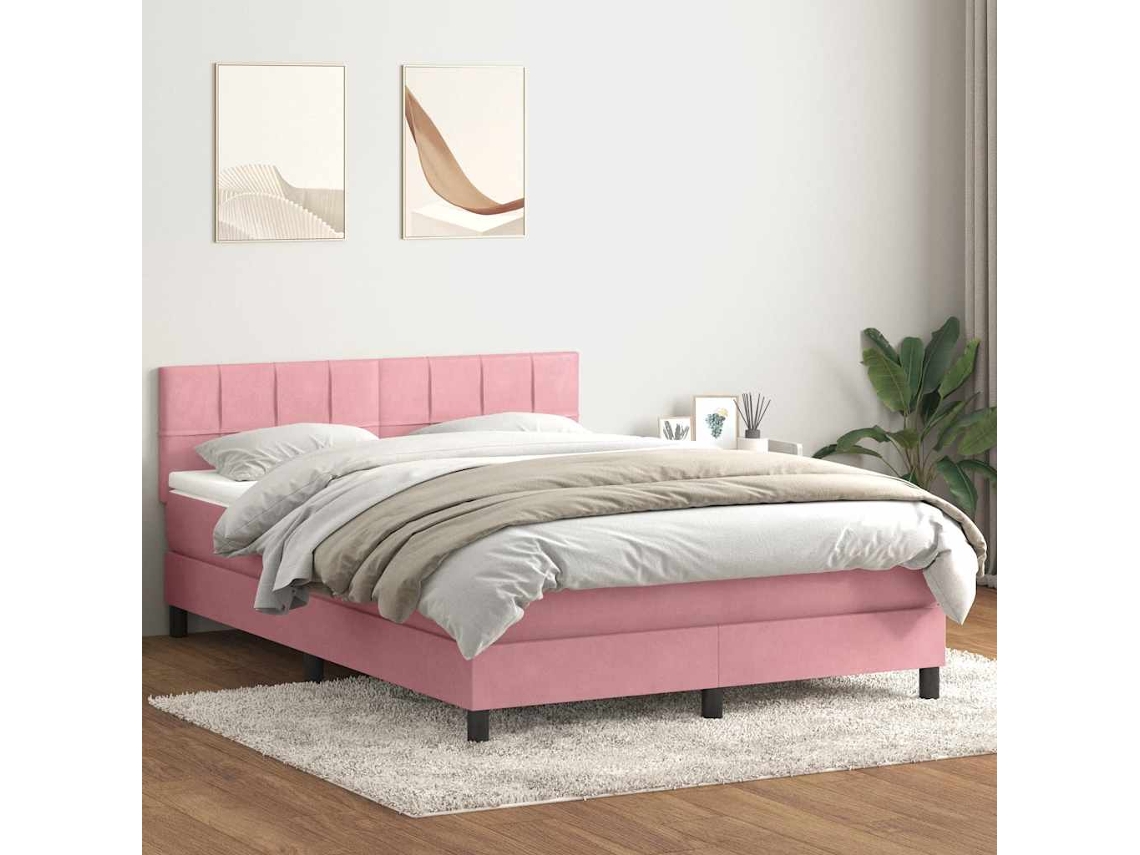 Cama Box Spring Con Colchón Terciopelo Rosa 160x210 Cm