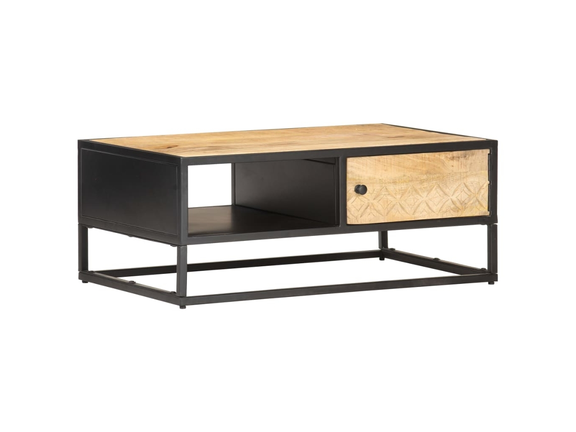 Mesa de Centro de Apoyo con Puerta Tallada 90X55X36 Cm Madera Rugosa