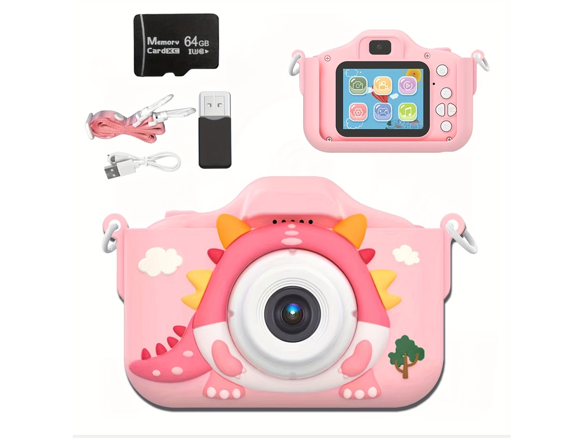 Cámara infantil Digitallab Dinosaur de 48 MP con doble cámara y grabación de vídeo HD de 1080p, 64 GB, color rosa