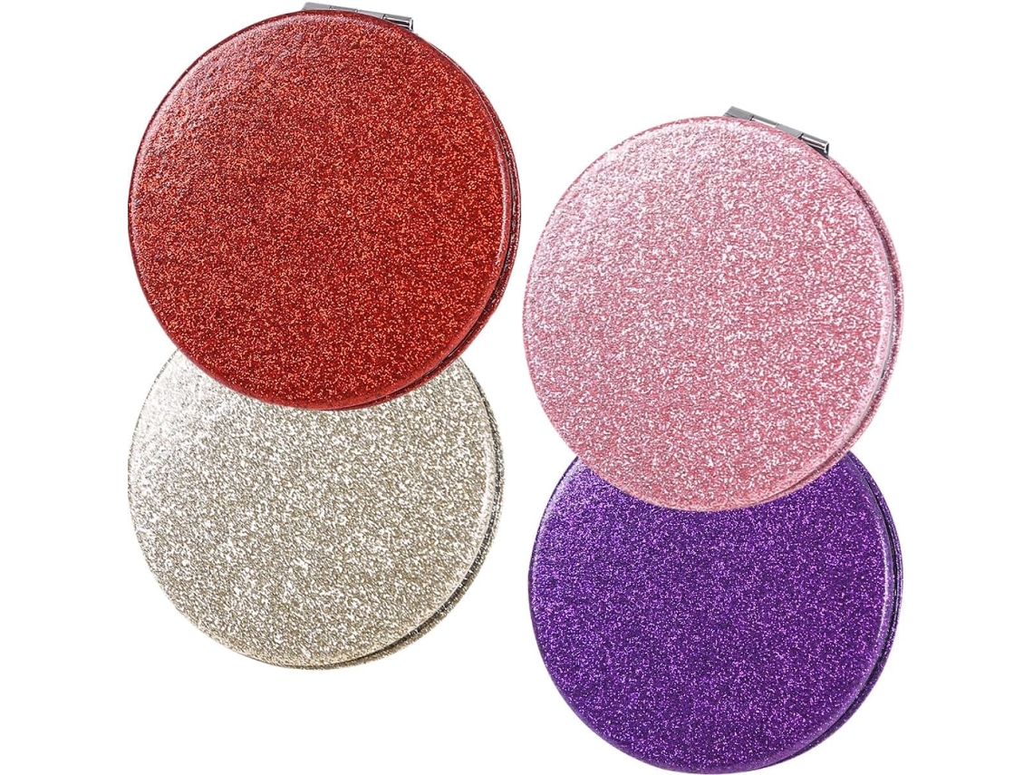 Lot De 4 Pequeños Espejos Maquillaje Pliables Ronds Doble Face Espejo Voyage Portátil En Pu Couleurs