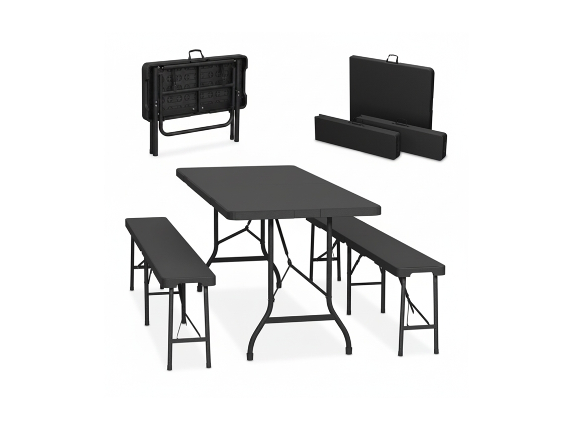 Relaxdays Conjunto Jardín Plegable, 3 Piezas, Mesa De Exterior, 2 Bancos De Patio, Camping O Recepción, 180 Cm, Negro