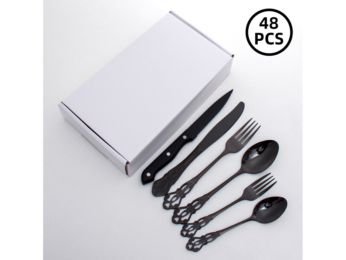 Vajilla MDUG negra de 48 piezas con cubiertos y cucharas de acero inoxidable con diseño en relieve