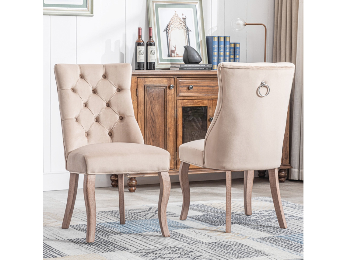 Juego De 6 Sillas Beige Capitoné Con 4 Patas De Madera.