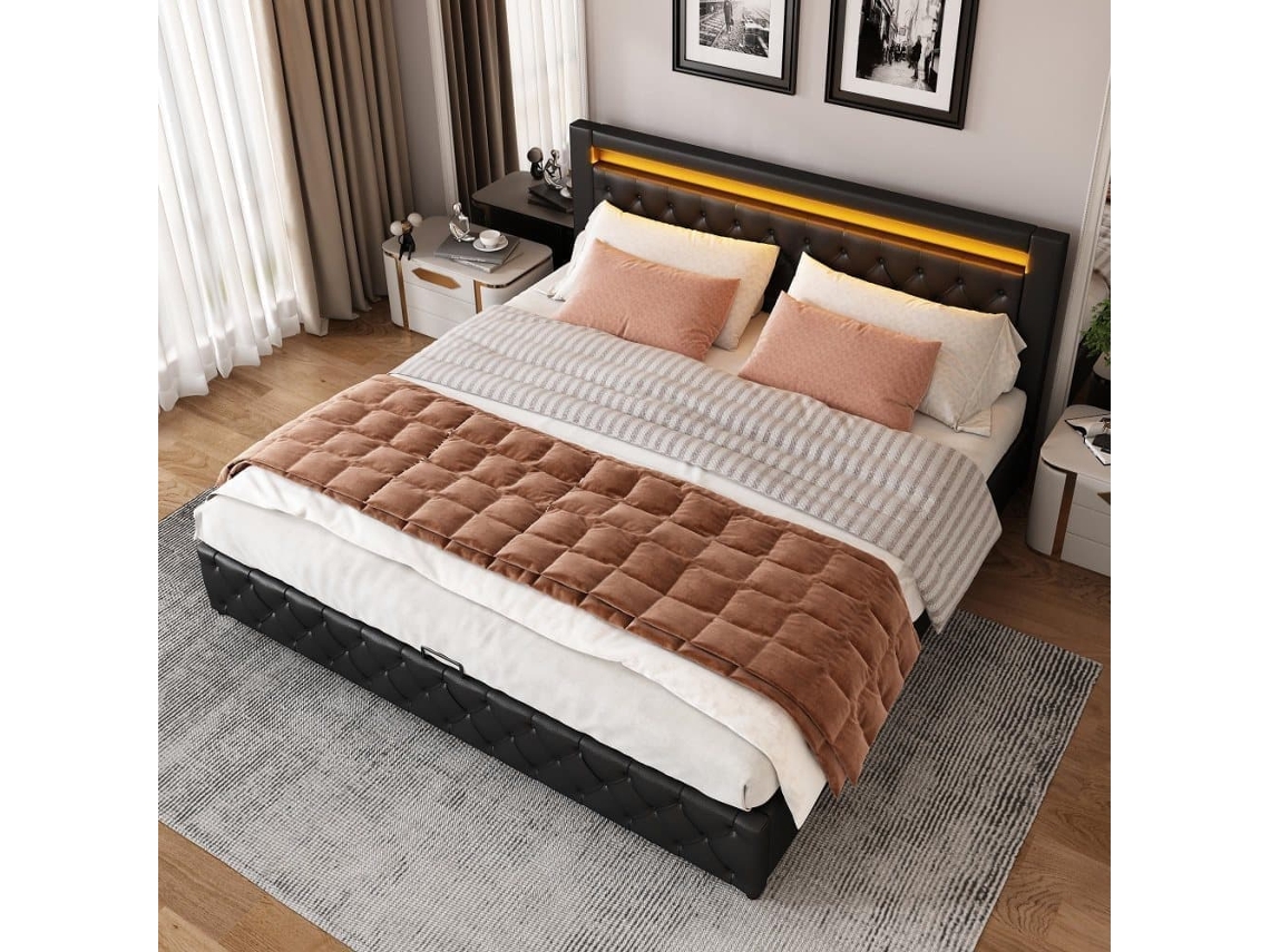 Cama Contenedor Tapizada De Piel Sintética Con Led - 180x200 Cm - Con Somier - Negro