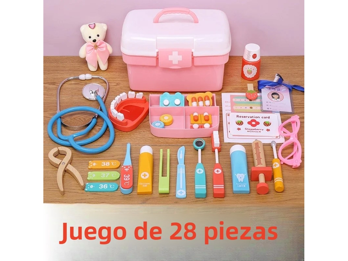 Juego de medicina de madera para niños con simulación de casa de médico y enfermera (28 piezas)