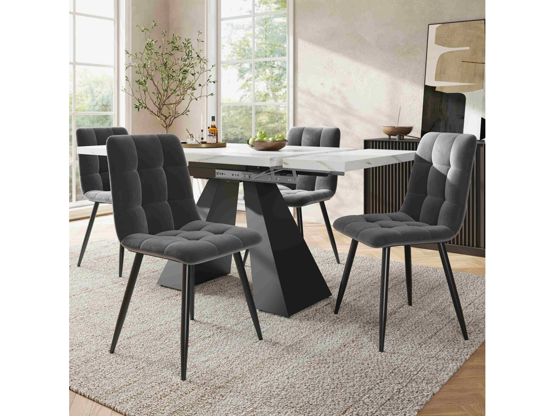 Conjunto de mesa de comedor extensible de 160x80 cm para 4 personas, sillas en terciopelo gris, mesa blanca con patas en estilo columnas.