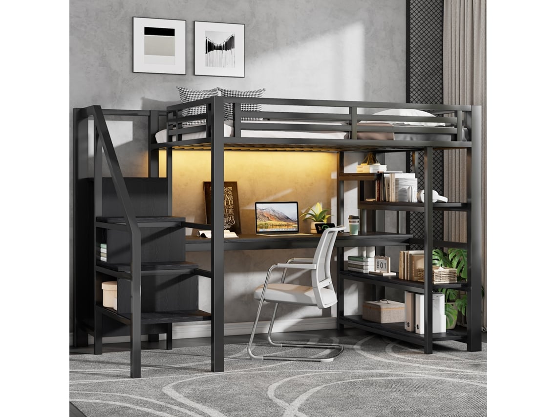 Cama Alta, De Metal Negro, 140x200 Cm, Escritorio, Armario, Usb, Almacenamiento Led.