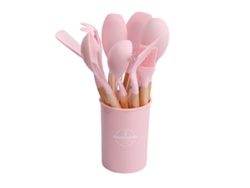 Juego de utensilios de cocina de silicona rosa de 12 piezas con mango de madera y espátulas resistentes al calor (lavables a máquina).