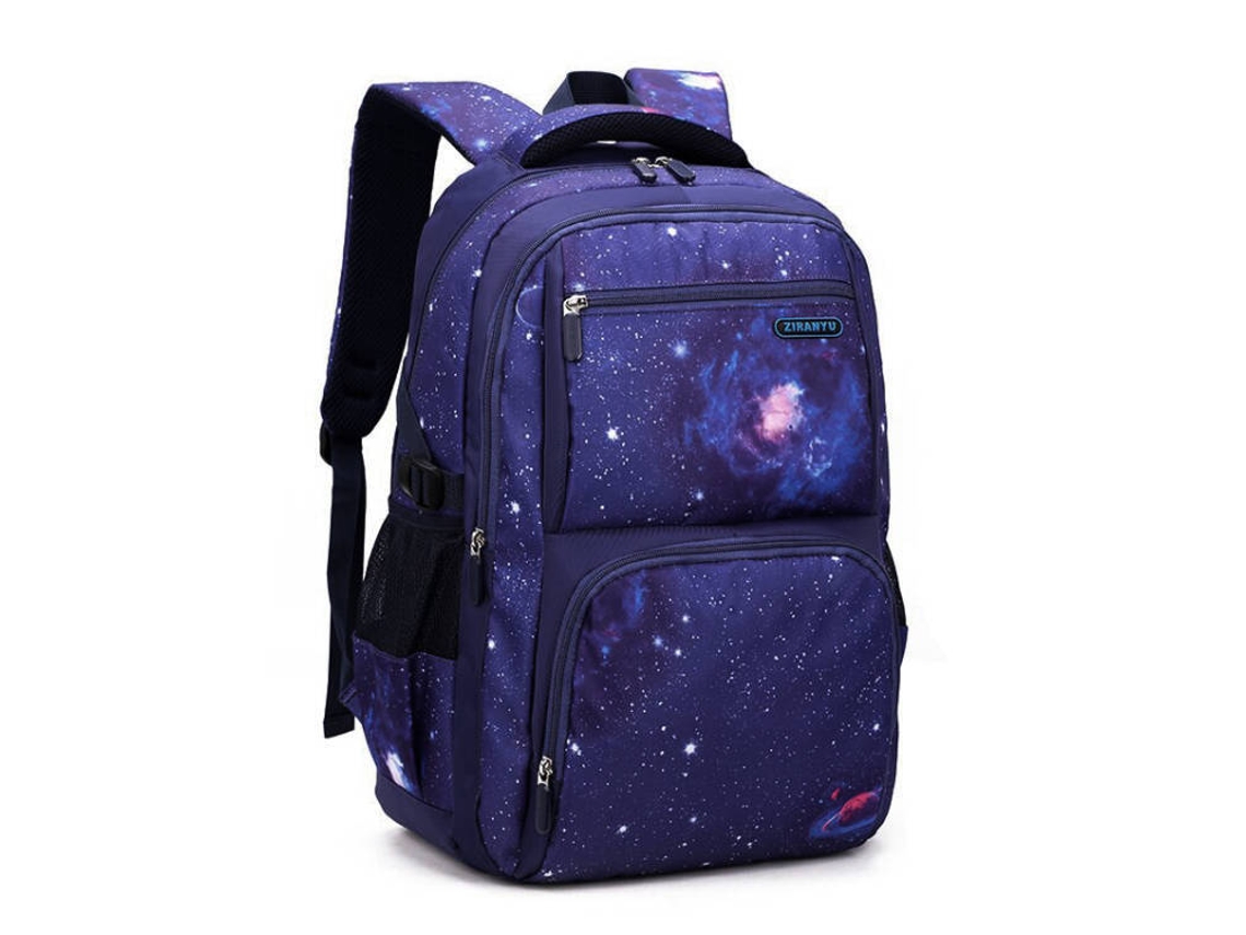 Mochila estudiantil de tres piezas con diseño de cielo estrellado, azul oscuro, sin estuche pequeño.