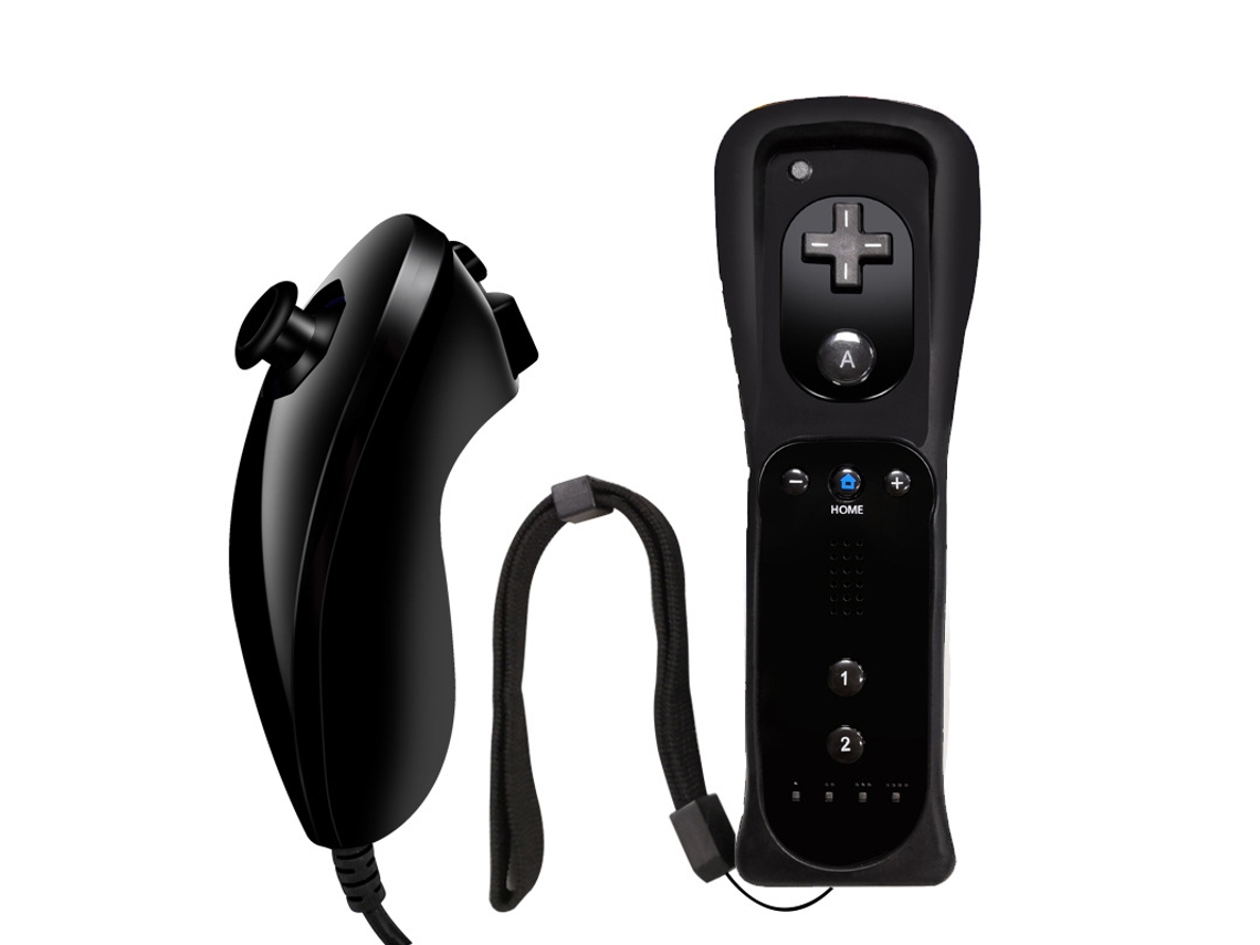 Mando YUNZII recto negro para Wii y mando curvo para zurdos con funda de silicona y correa para la muñeca (tipo pata de pollo)