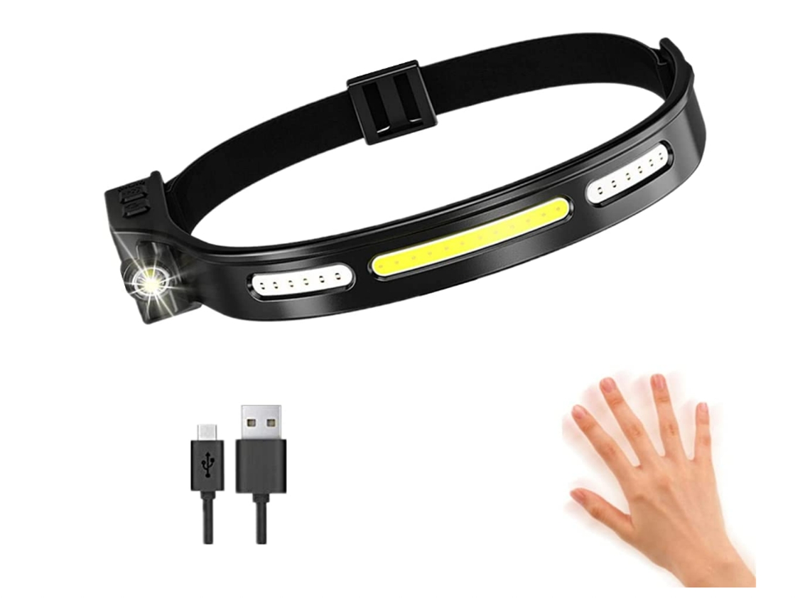 Linterna frontal recargable, iluminación de haz ancho de 230 , súper brillante 2000 lúmenes de inducción 6 modos LED impermeable (negro) YIZHOOD