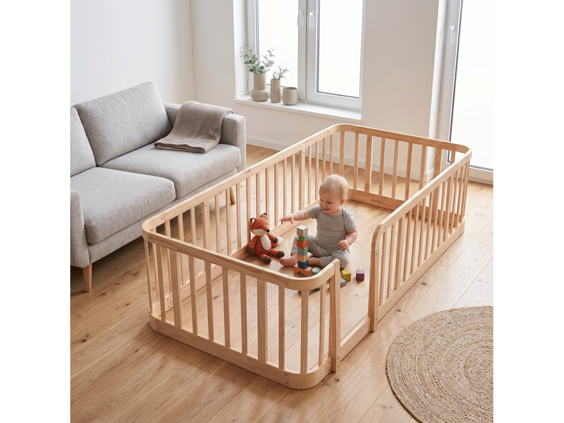 Parque Modular Madera Natural 140×200cm, Barrotes 7cm, Bordes Redondeados, Valla Interior Segura