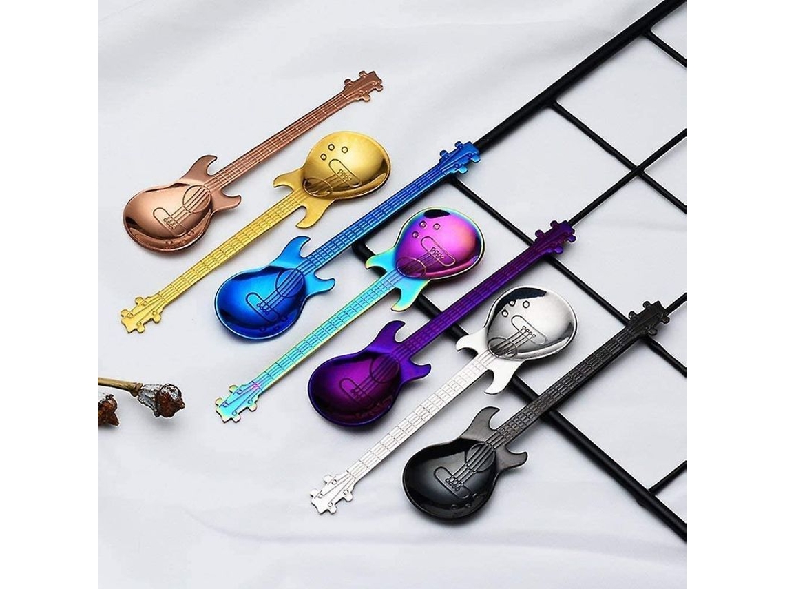 Juego De 7 Cucharas De Café De Acero Inoxidable Con Forma De Guitarra Colorida - Pequeño Regalo