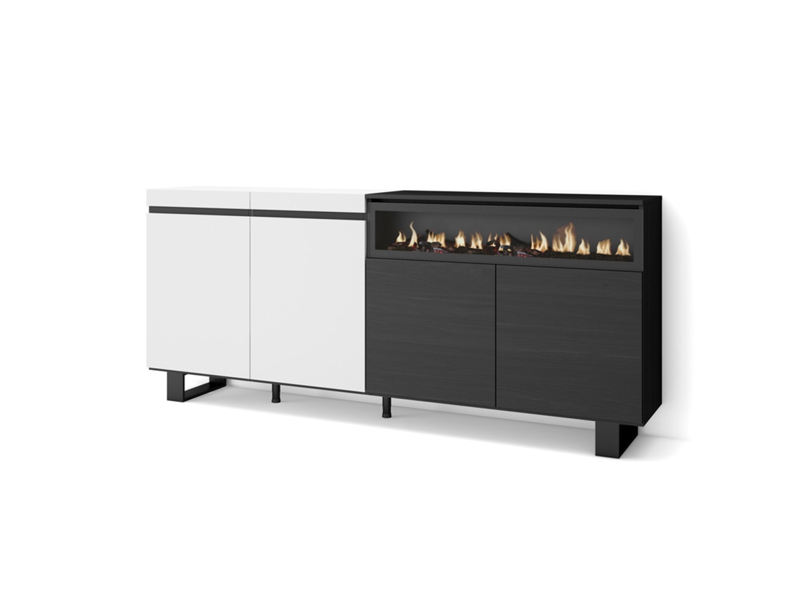 Aparadores para salón 200x87x35cm 4 Puertas Chimenea eléctrica Diseño industrial Blanco y negro