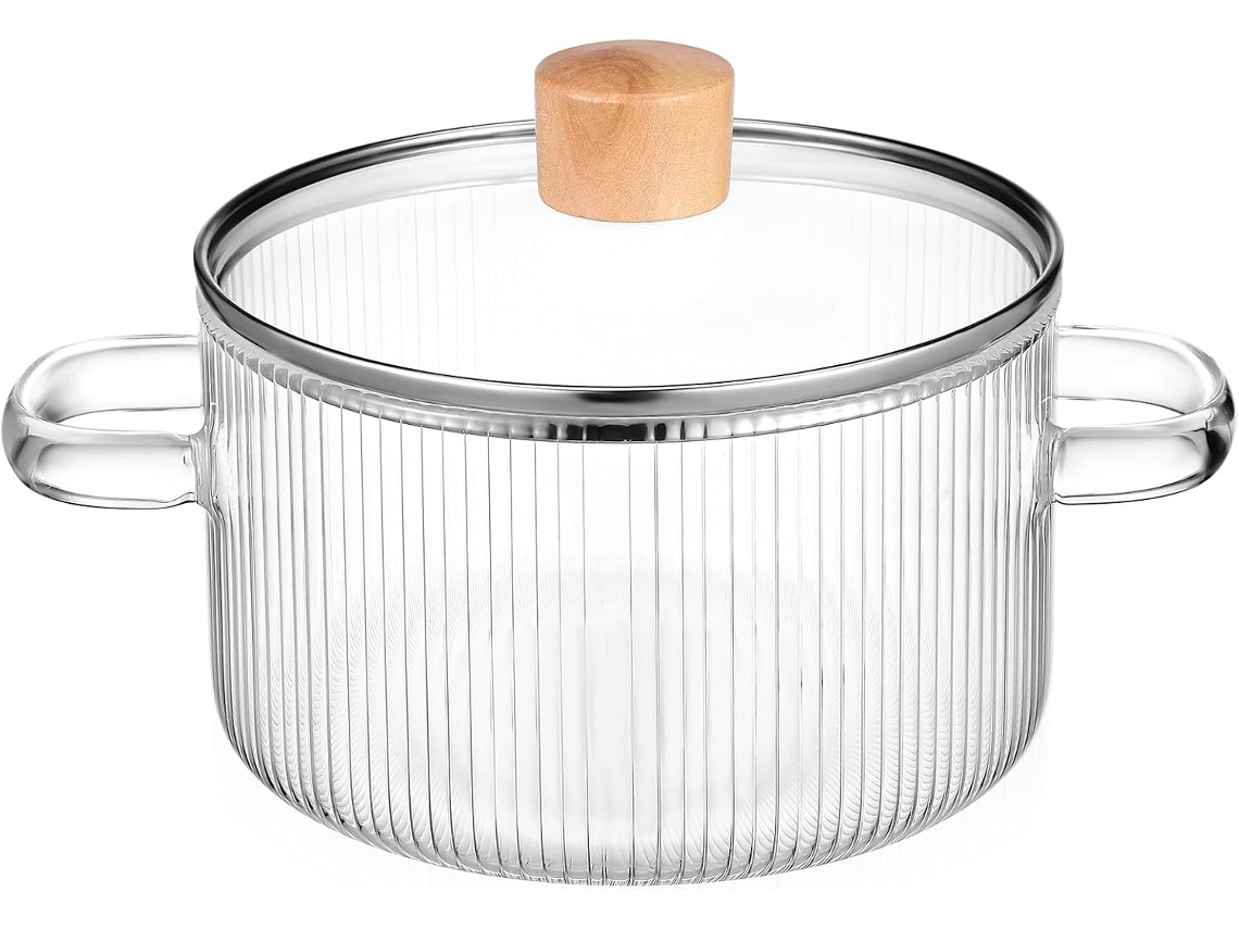 Cacerola Con Tapa De Madera, Cristal Transparente, 1,6 L Y Asas Dobles.