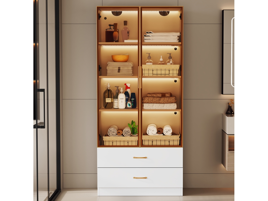 Armario Baño 75 Cm - Con Iluminación, 2 Cajones Grandes, 2 Puertas, Puerta De Cristal - Blanco