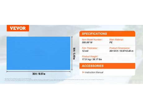 VEVOR Cubierta solar para piscina 36x18 pies Piscinas enterradas sobre el suelo Manta solar 12 mil