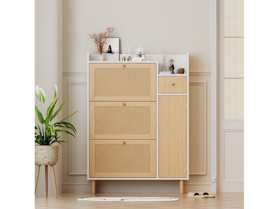 Zapatero De Madera Y Ratán - 3 Puertas Abatibles Y 1 Cajón - Estante Regulable - Natural Y Blanco