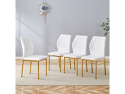 Juego De 4 Sillas De Comedor, De Poliuretano Blanco Con Relieve Vertical Y Patas Doradas.