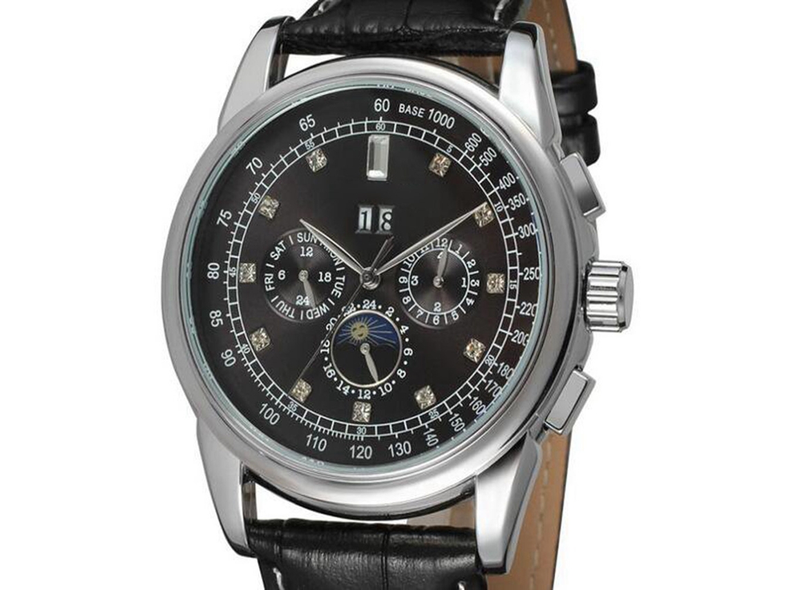 Reloj Mecánico Automático Para Hombre, Correa De Cuero, Resistente Al Agua, Esfera Negra, Bisel Plateado.