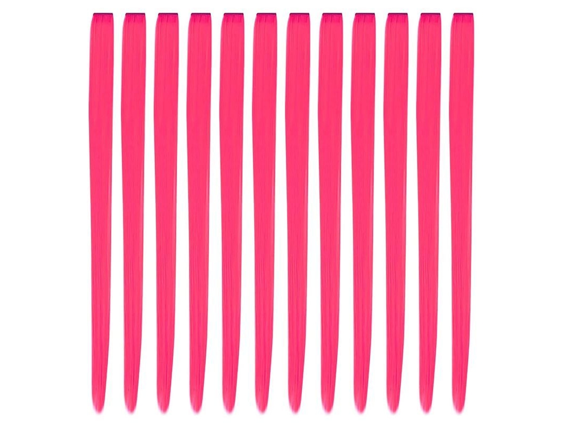 12 Extensiones De Cabello Sintético Liso De Color Rosa Intenso Con Clip, 56 Cm (22 Pulgadas), Ideales Para Fiestas.
