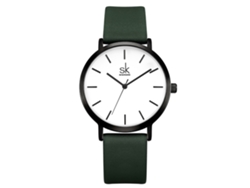 Reloj De Pulsera De Cuarzo Sencillo Para Mujer Con Correa De Piel Sintética Negra Y Verde.