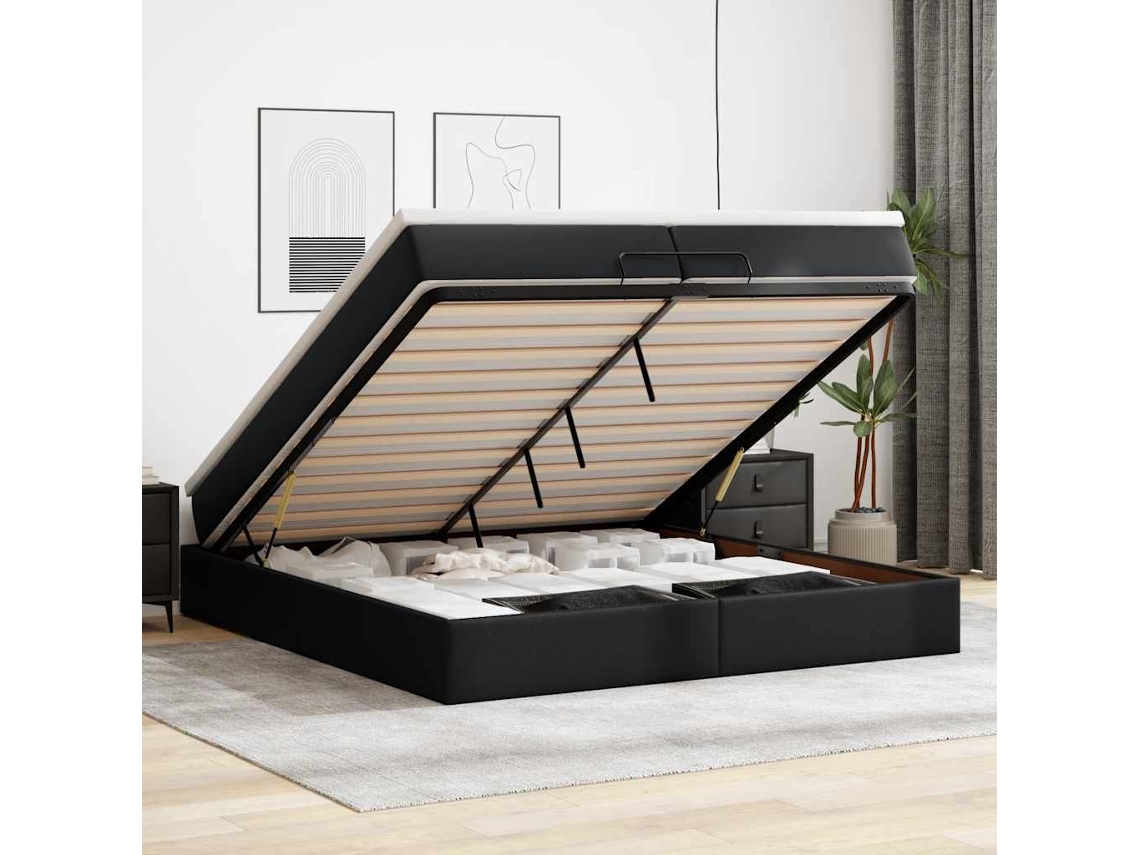 Estructura De Cama Otomana Con Colchones Cuero Sintético Negro