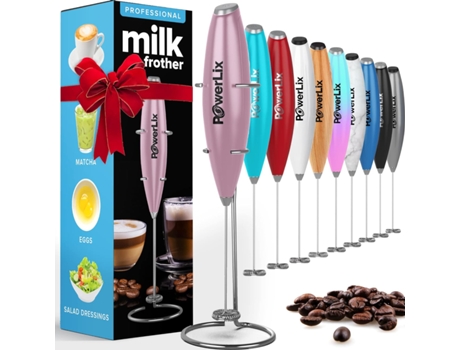 POWERLIX Espumador de Leche Eléctrico de Mano Batidora Leche Espuma Con Soporte de Acero Inoxidable 15-20S Potente 19000 Rpm Batidor para Café