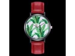 Reloj Unisex Para Parejas Con Correa De Pu, Esfera Redonda, Movimiento De Cuarzo Y Estampado De Hojas Verdes.