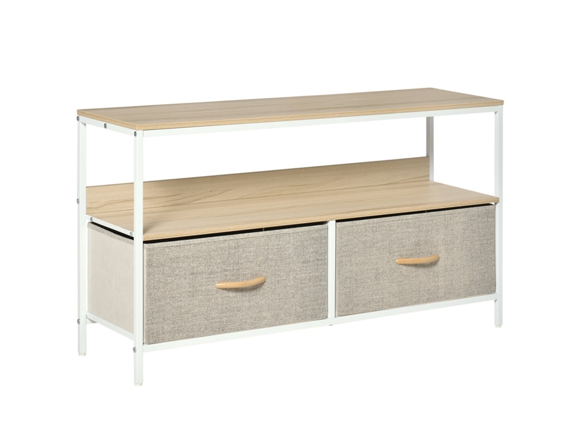 Suporte Baixo Para Tv Com Pés, Estilo Industrial, 2 Gavetas Em Tecido Cinza, Madeira Natural E Metal Branco.